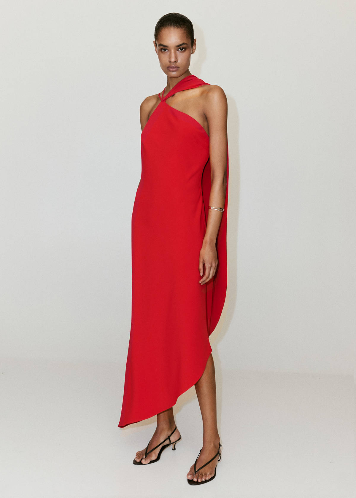 Asymmetrical dress with scarf — Red