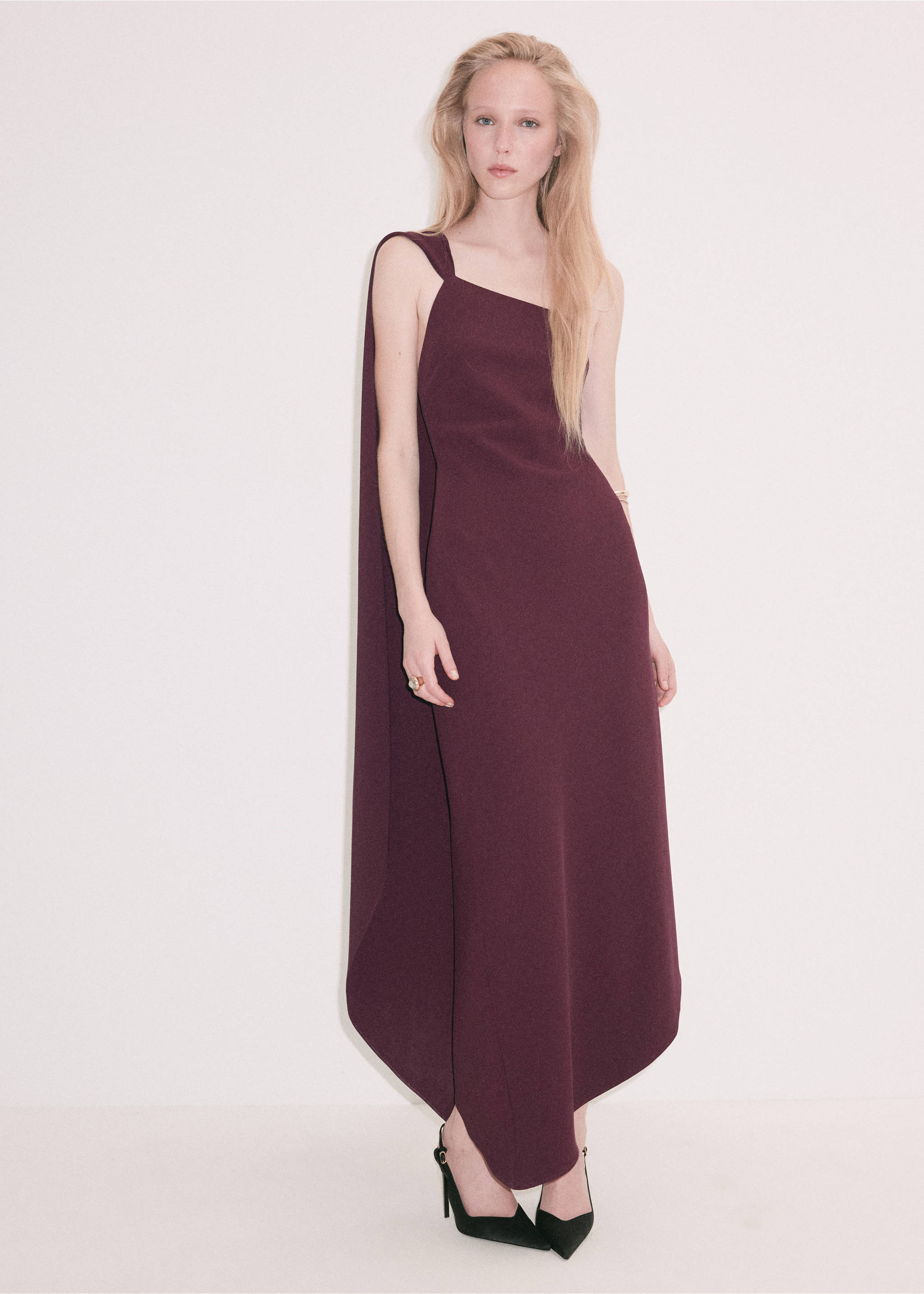 Plum-coloured sleeveless maxi dress with an asymmetric cape overlay., Burgundy. Ref: 37061468-00.