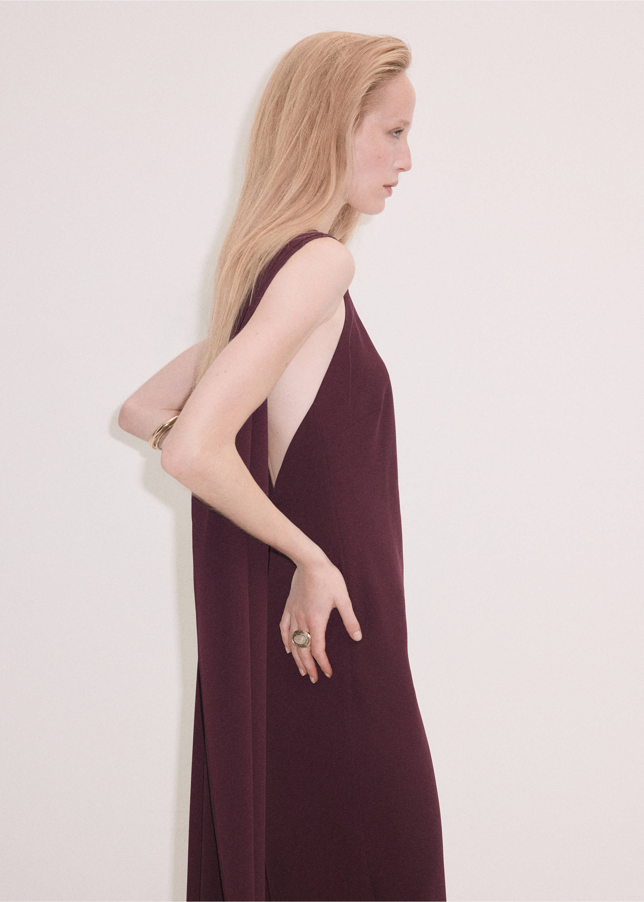 Plum-coloured sleeveless maxi dress with a draped back overlay., Burgundy. Ref: 37061468-00.