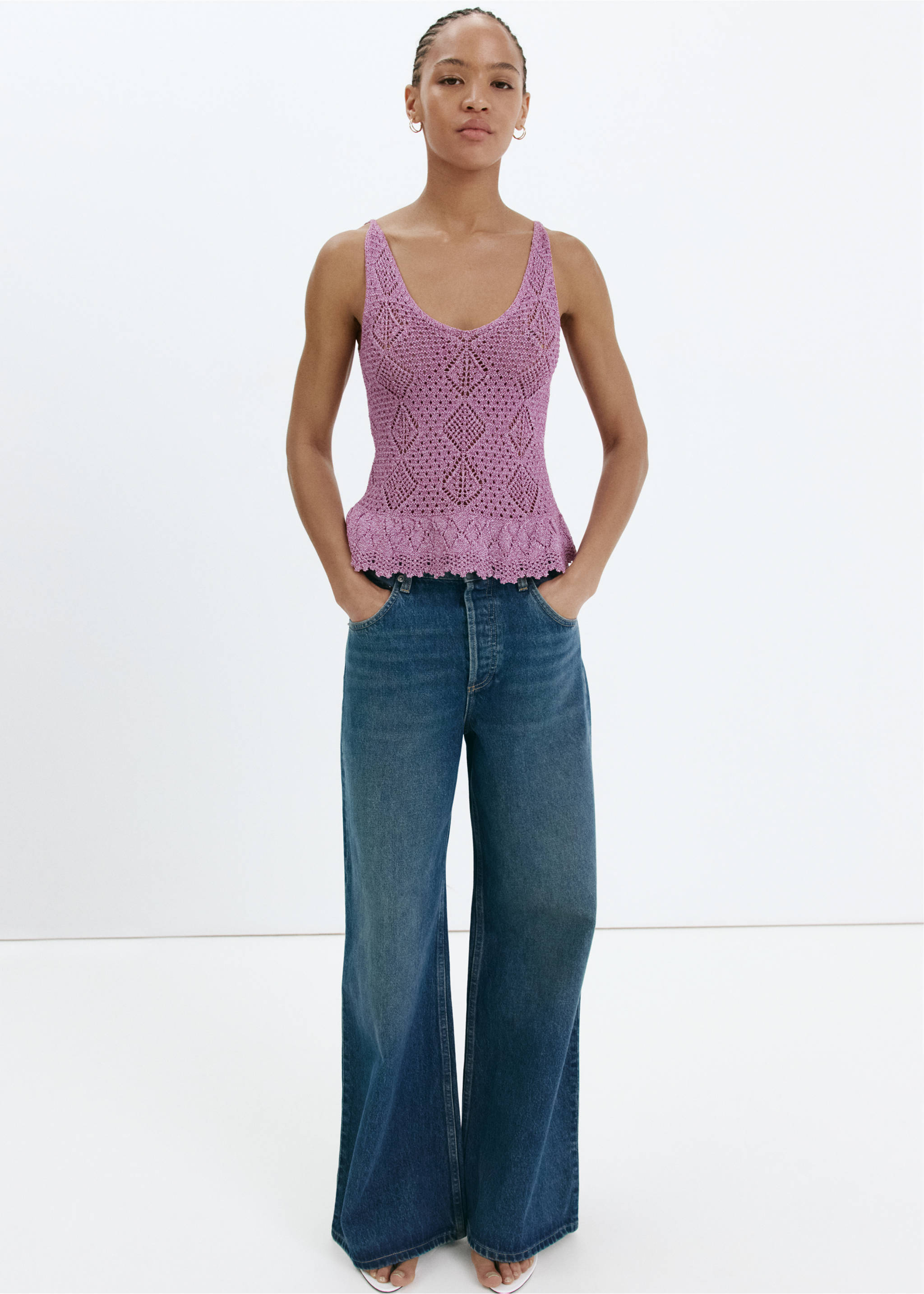 Crochet lurex top with scalloped ruffle - General plane, Purple. Ref: 37061470-00.