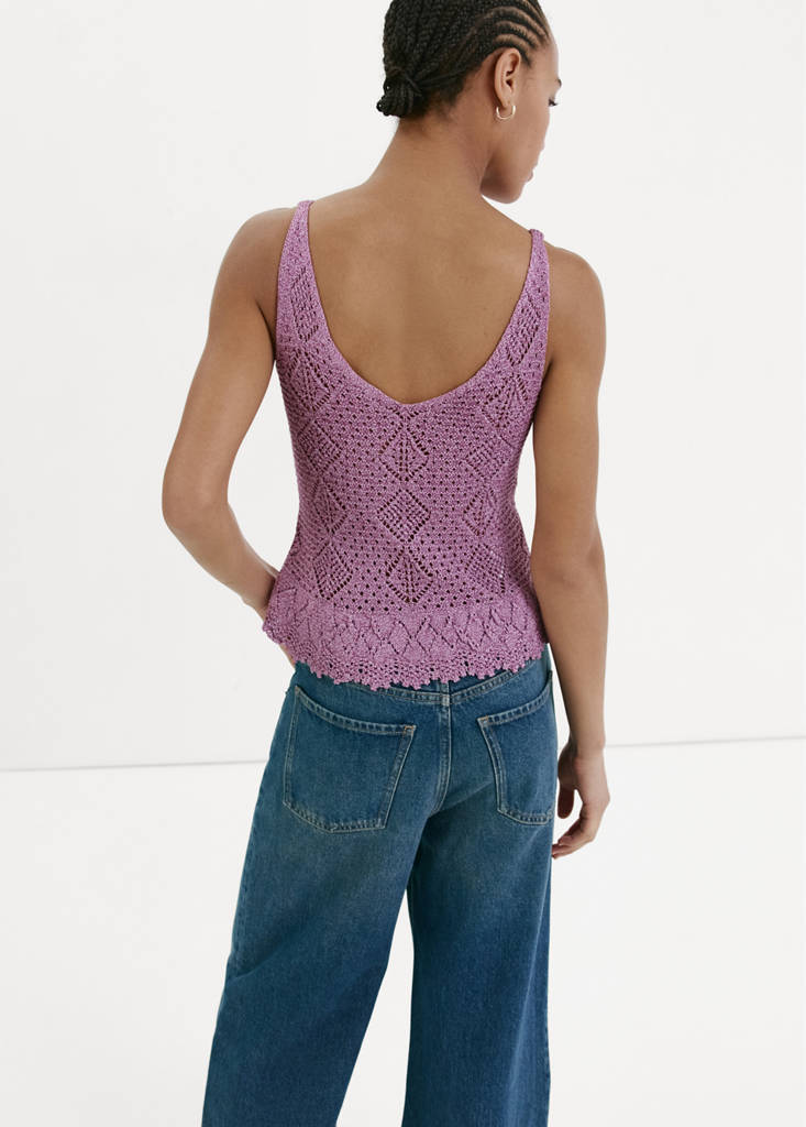 Scalloped frill lurex crochet top — Purple