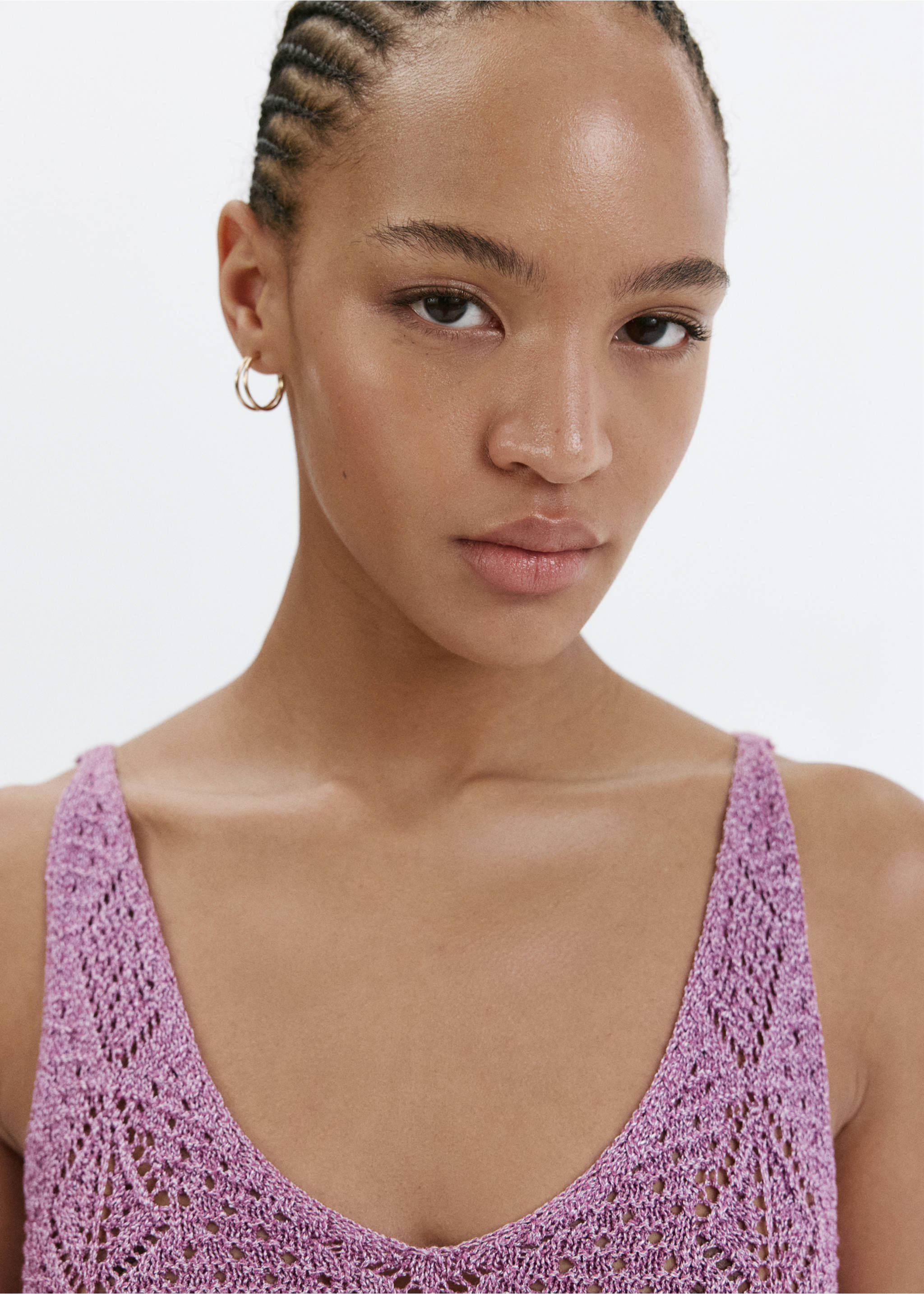 Crochet lurex top with scalloped ruffle - Details of the article 1, Purple. Ref: 37061470-00.