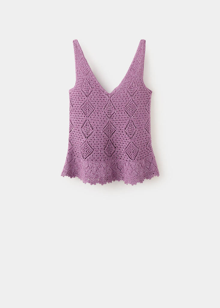 Scalloped frill lurex crochet top — Purple