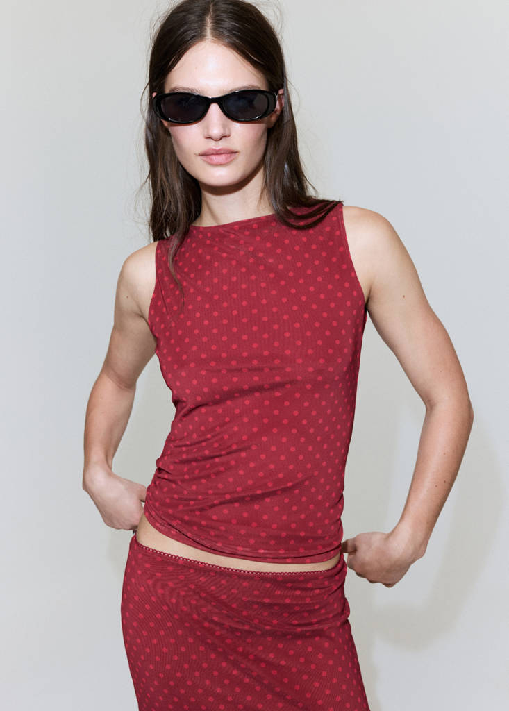 Polka dot print tulle top — Red