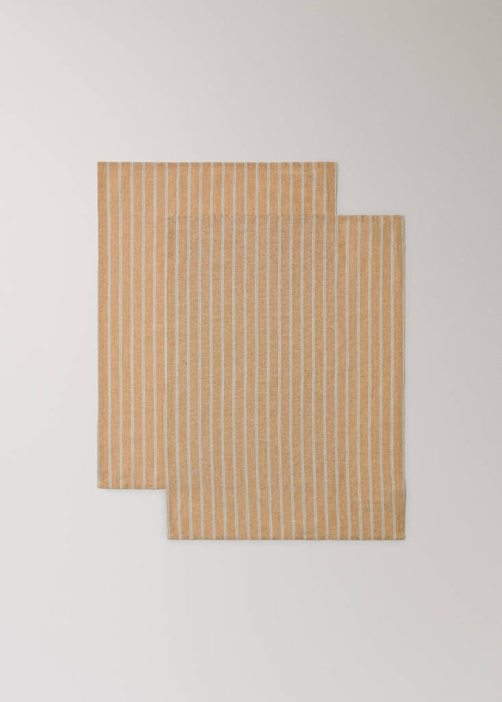 Printed striped cotton tea towels — Ochre
