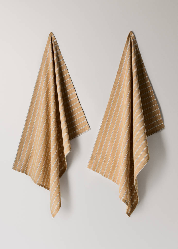 Printed striped cotton tea towels — Ochre
