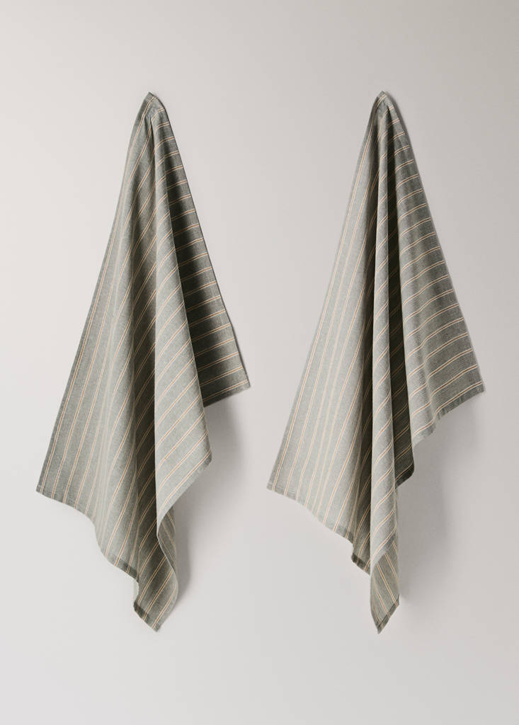 Printed striped cotton tea towels — Green