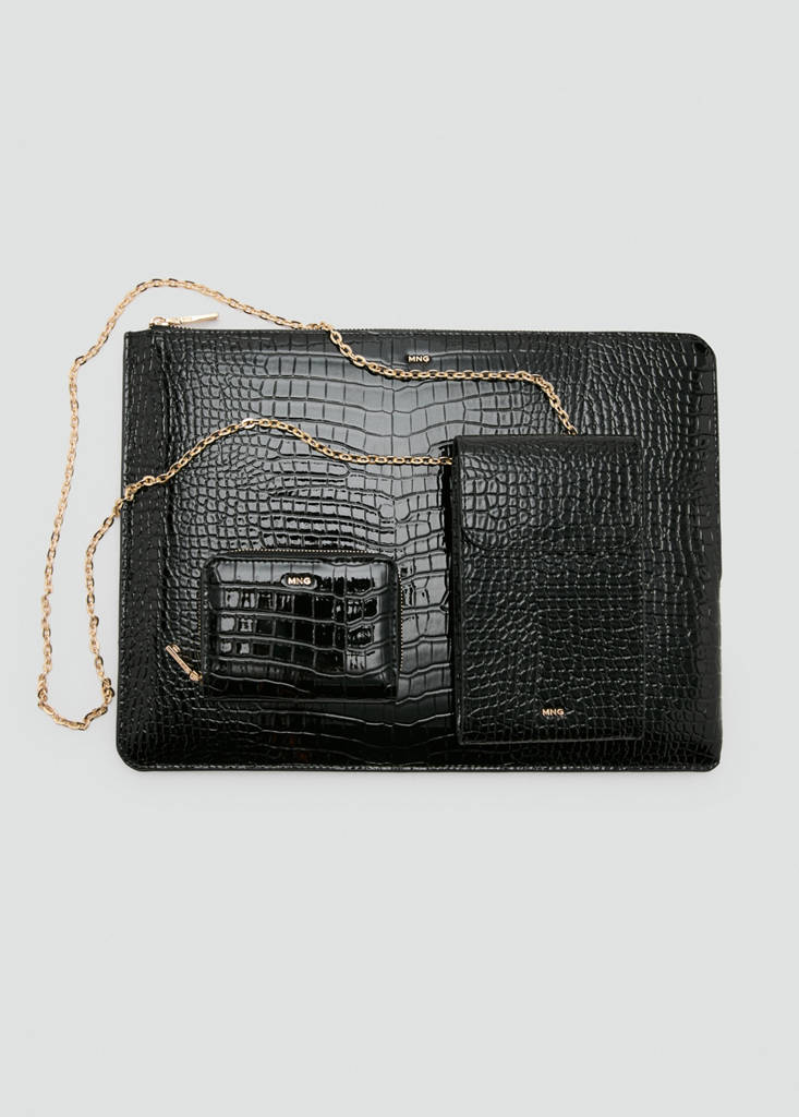 Medium glossy croc wallet — Black