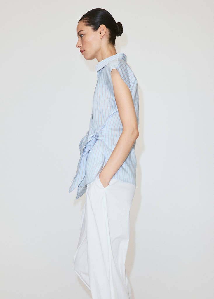 Lyocell striped blouse with bow detail — Sky Blue