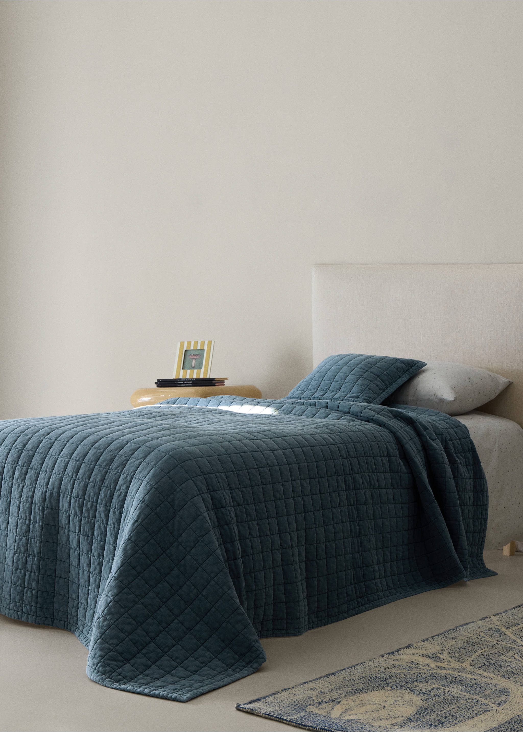 Cot bed quilt cotton quilted checks - General plane, Prussian Blue. Ref: 37061485-00.