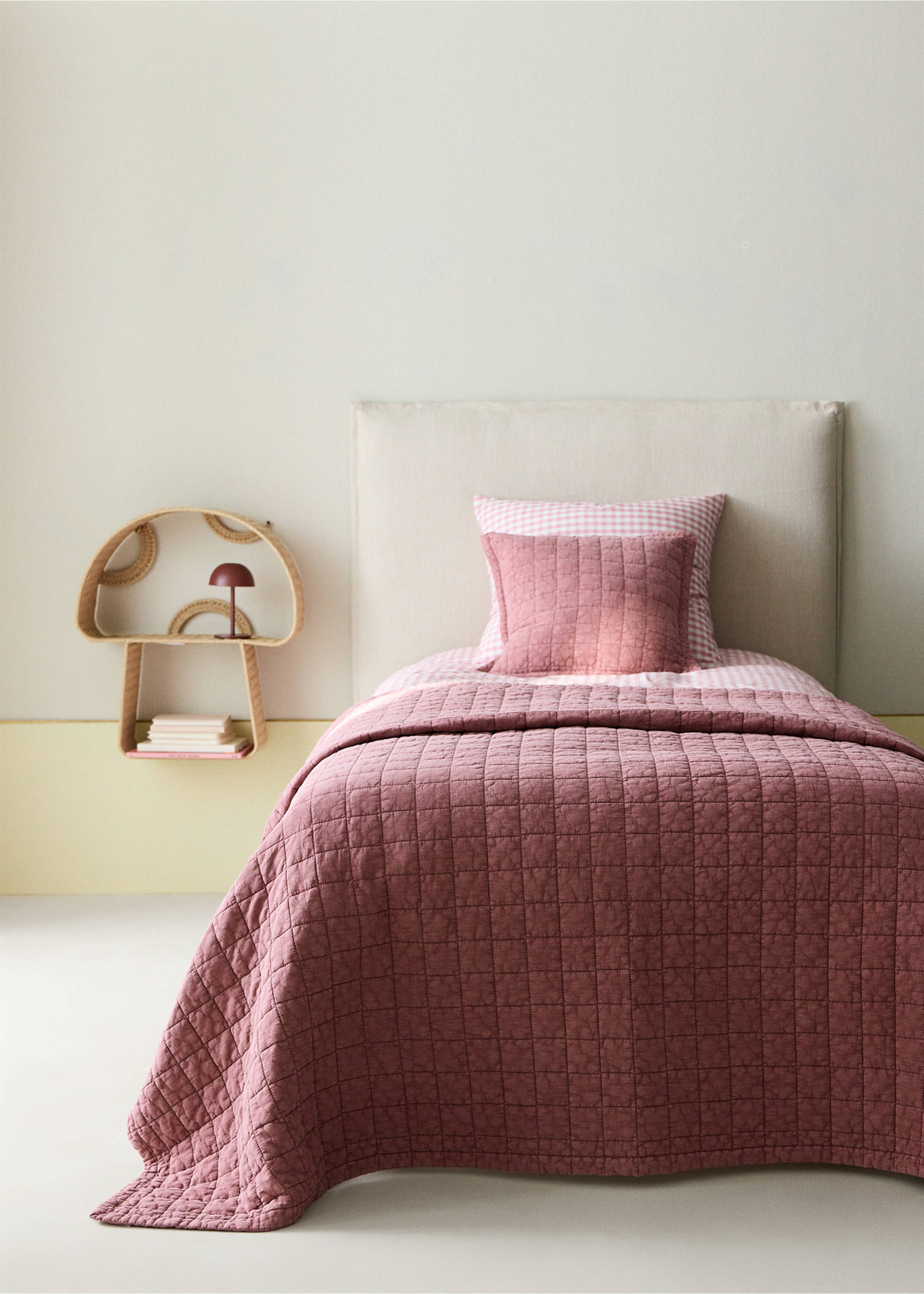 Cot bed quilt cotton quilted checks - General plane, Coral Red. Ref: 37061485-00.