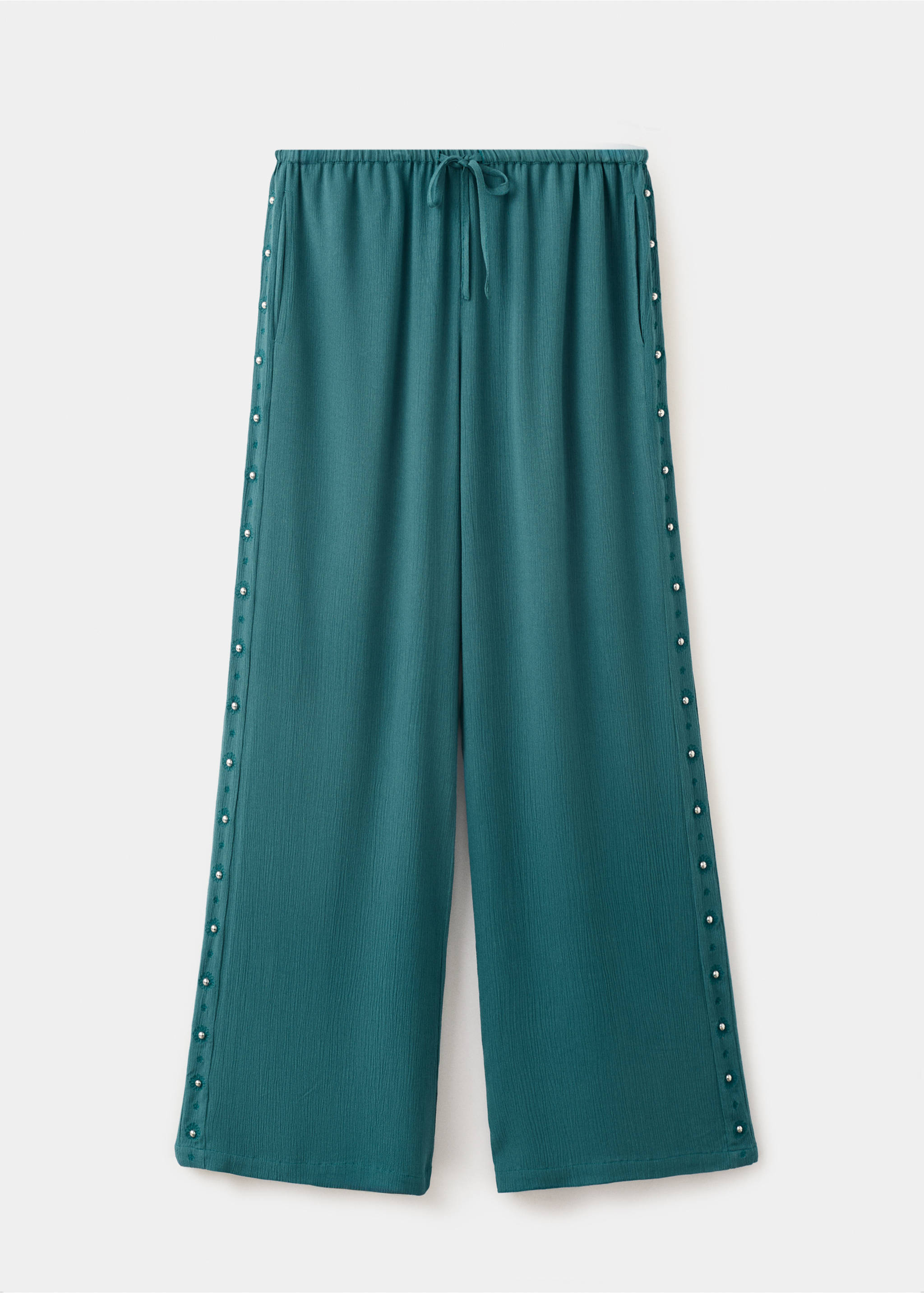 Chiffon trousers with embroidered details - Article without model, Petrol Blue. Ref: 37061508-00.