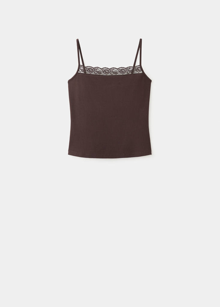 Fitted top with lace detail — Brown