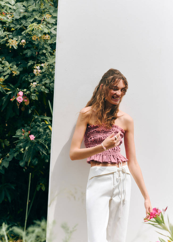 Ruched strapless top — Pastel Pink