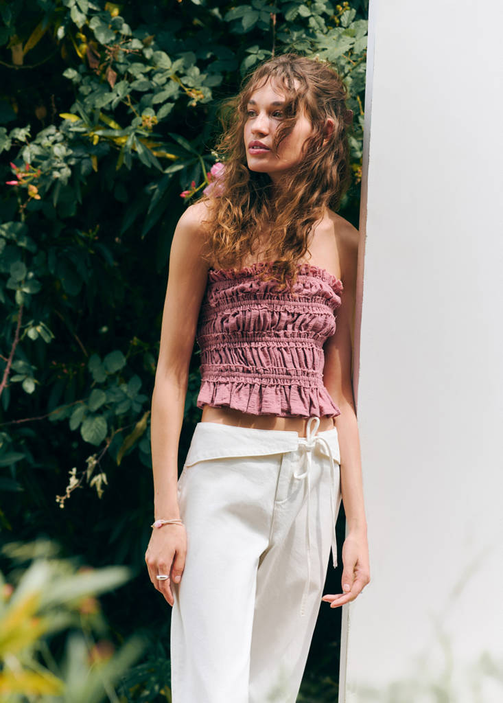 Ruched strapless top — Pastel Pink