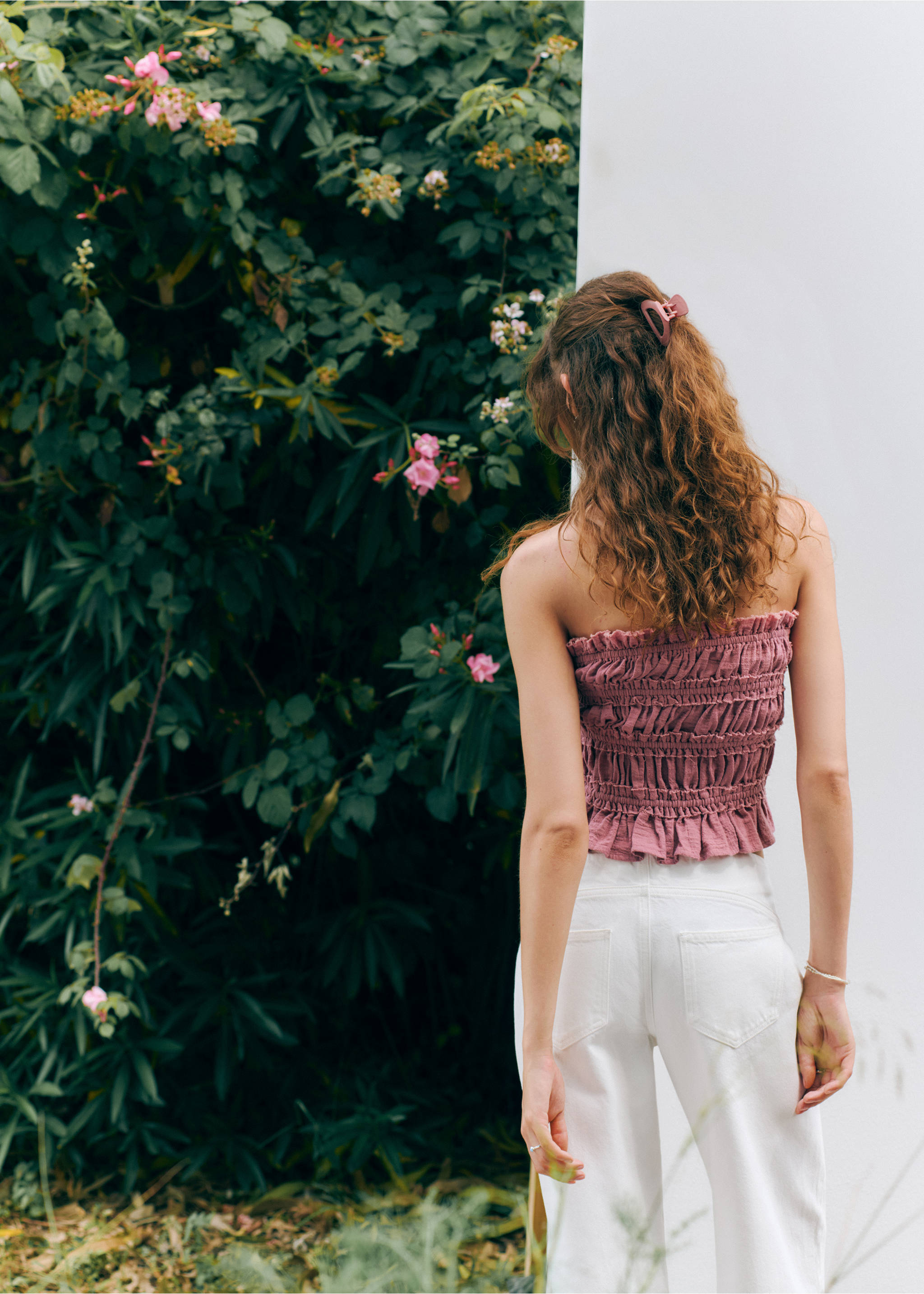 Ruched strapless top - Reverse of the article, Pastel Pink. Ref: 37062532-01.