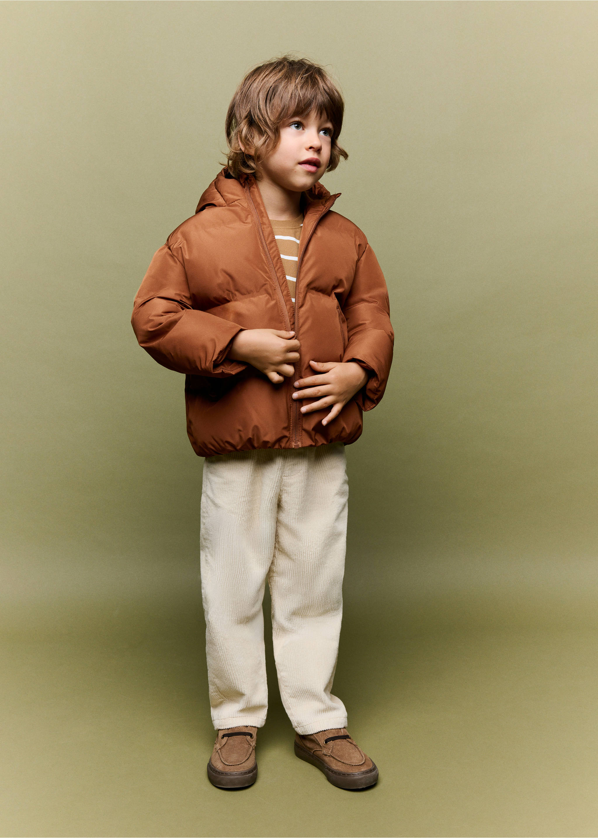 Brown hooded puffer anorak worn with beige corduroy trousers., Russet. Ref: 37062890-00.