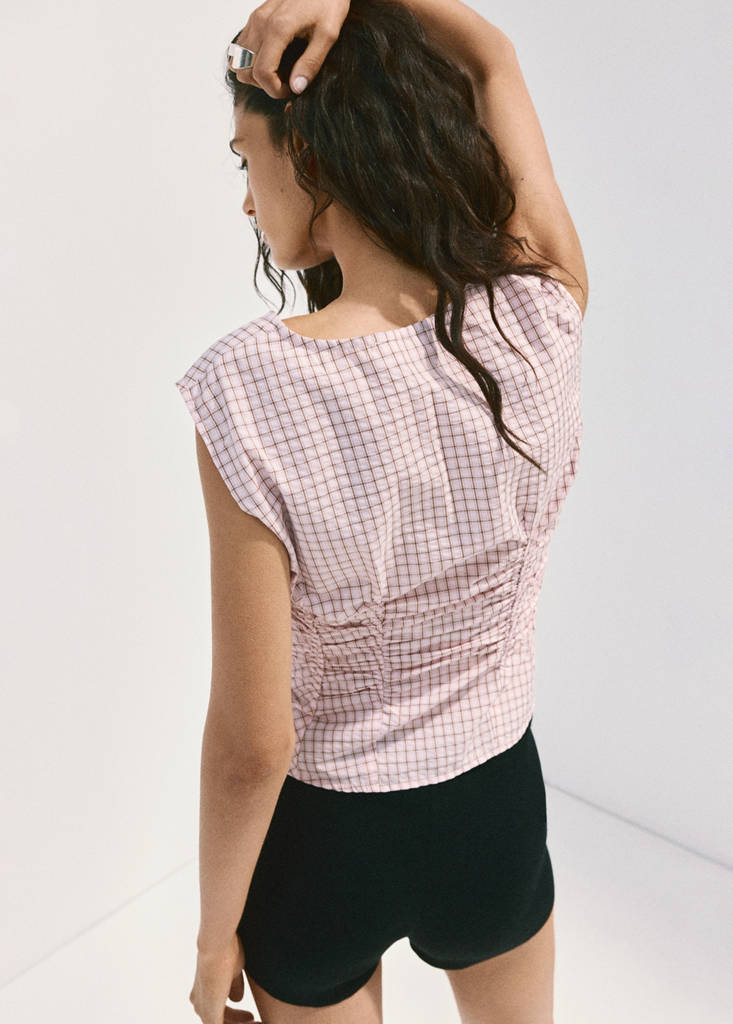 V-neck checked blouse — Pastel Pink
