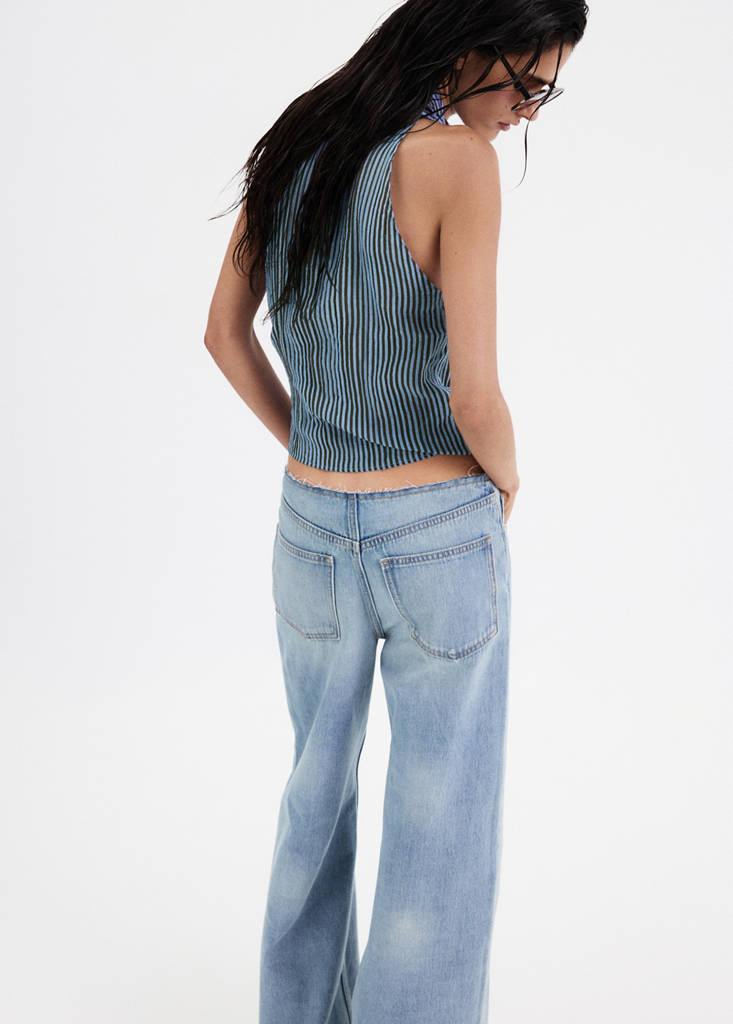 Striped wrap blouse with tie — Blue