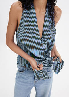 Striped wrap blouse with tie — Blue 4