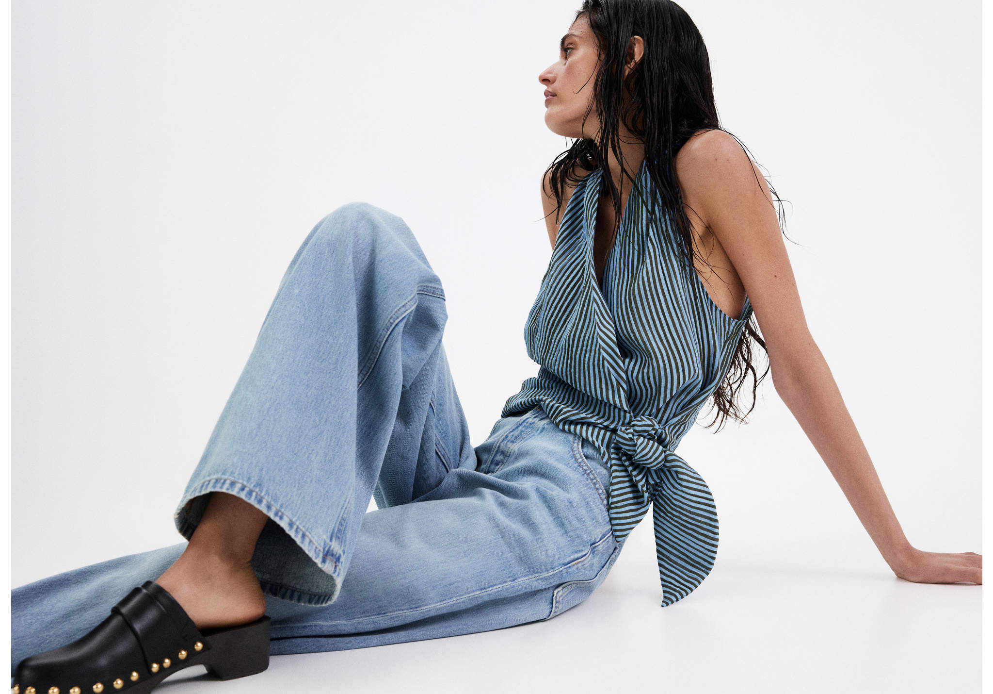 Striped wrap blouse with tie - Panoramic plane