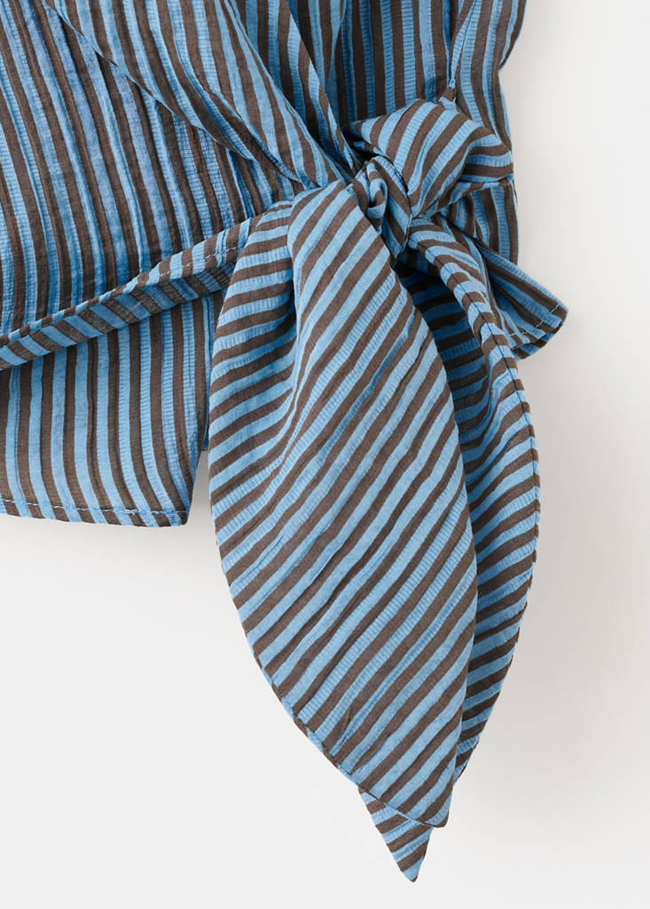 Striped wrap blouse with tie — Blue
