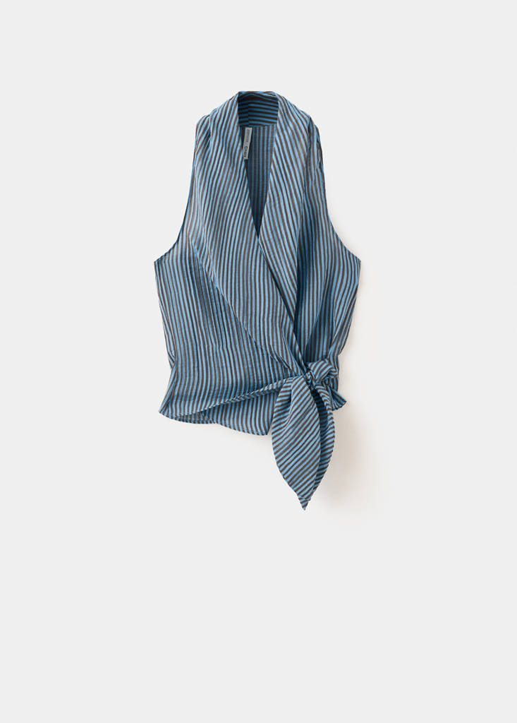 Striped wrap blouse with tie — Blue