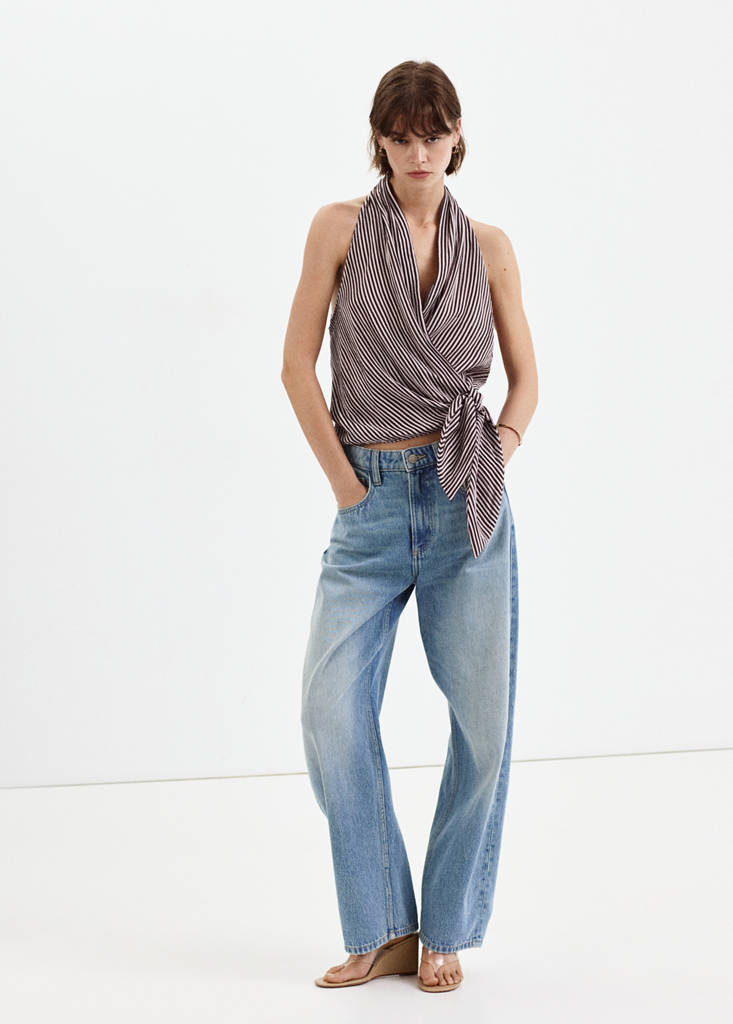 Striped wrap blouse with tie — Maroon