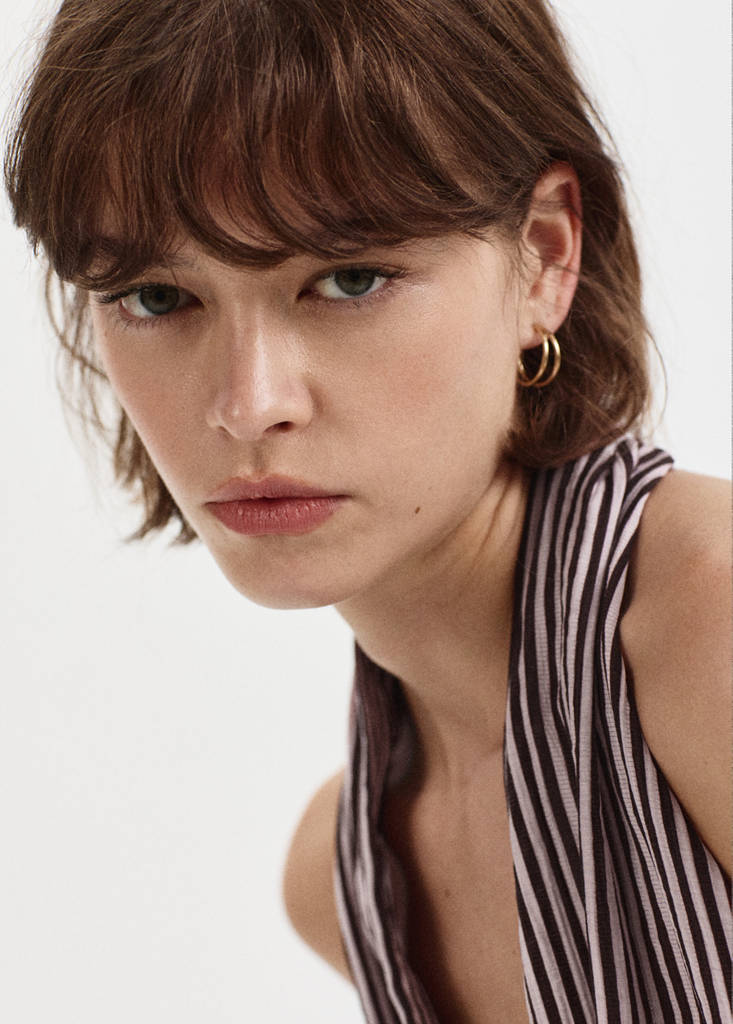 Striped wrap blouse with tie — Maroon