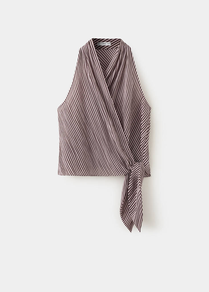 Striped wrap blouse with tie — Maroon