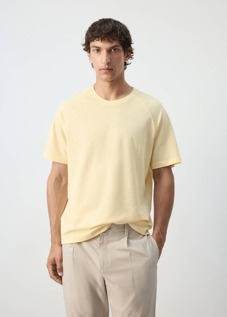 Relaxed fit cotton-linen blend T-shirt — Pastel Yellow