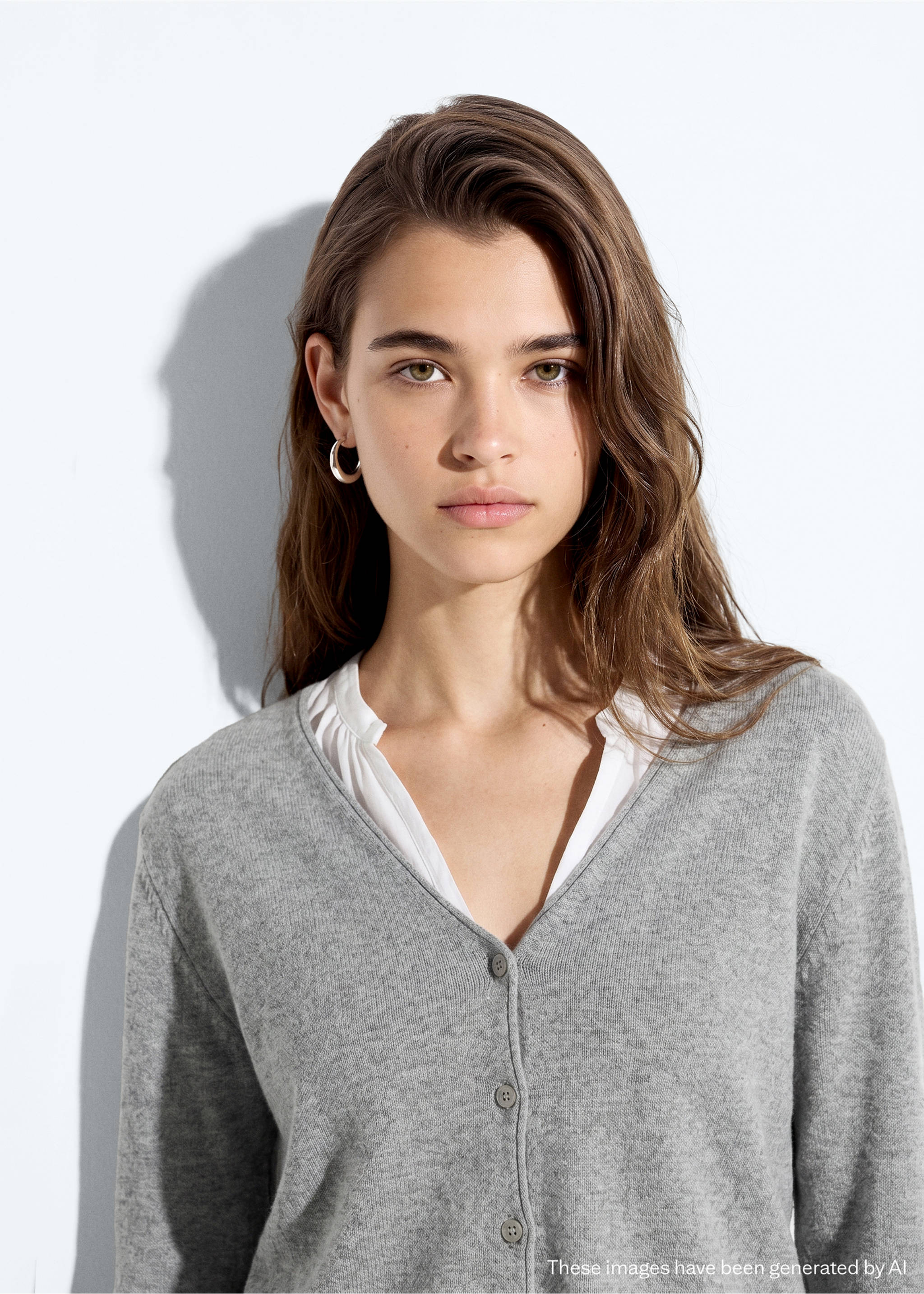 Cardigan maille col V - Plan moyen, Gris chiné moyen. Ref: 37063282-00.