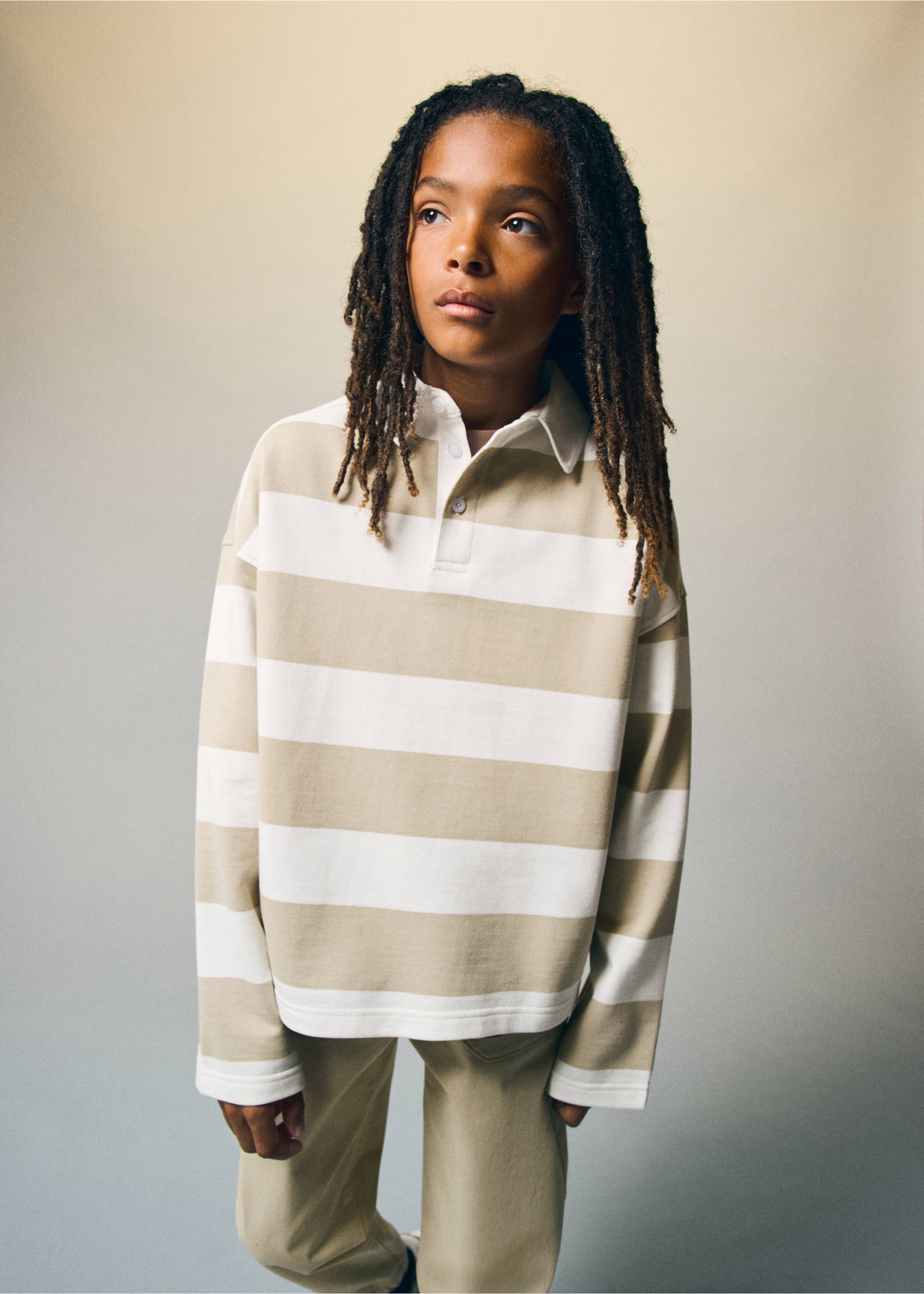 Oversized striped polo sweatshirt - Medium plane, Sand. Ref: 37063877-00.