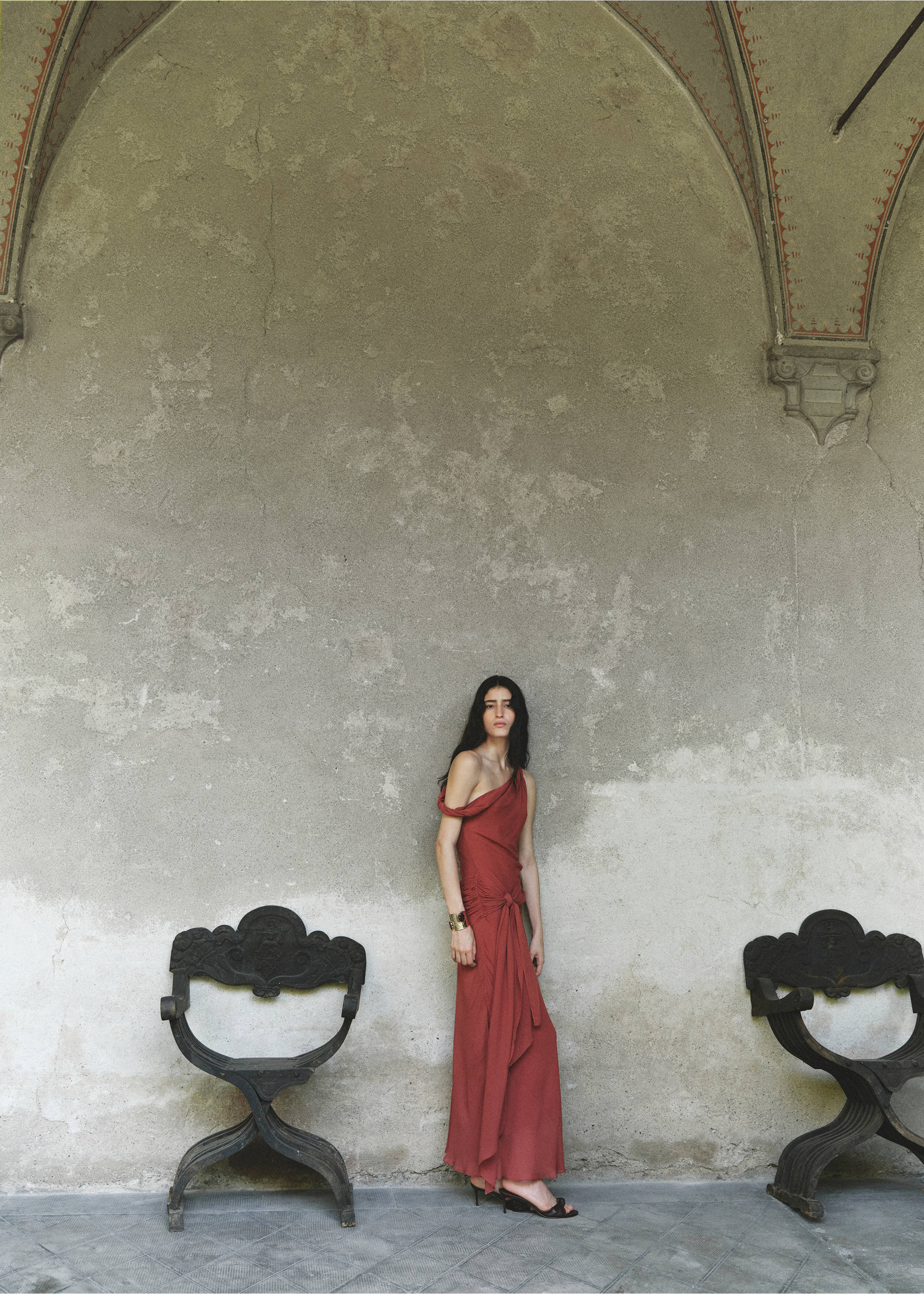Draped dress with tie detail - Details of the article 1, Burgundy. Ref: 37063882-00.