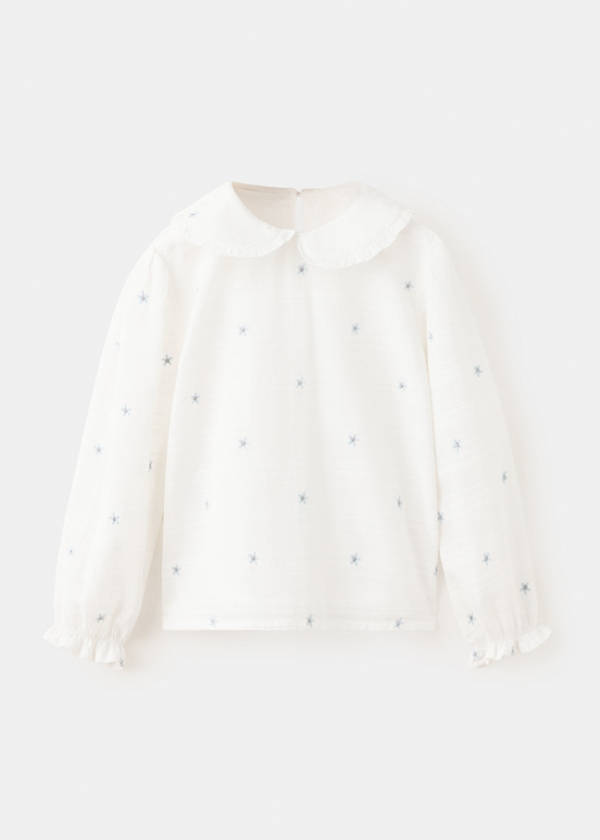 100% cotton blouse with floral embroideries — Off White