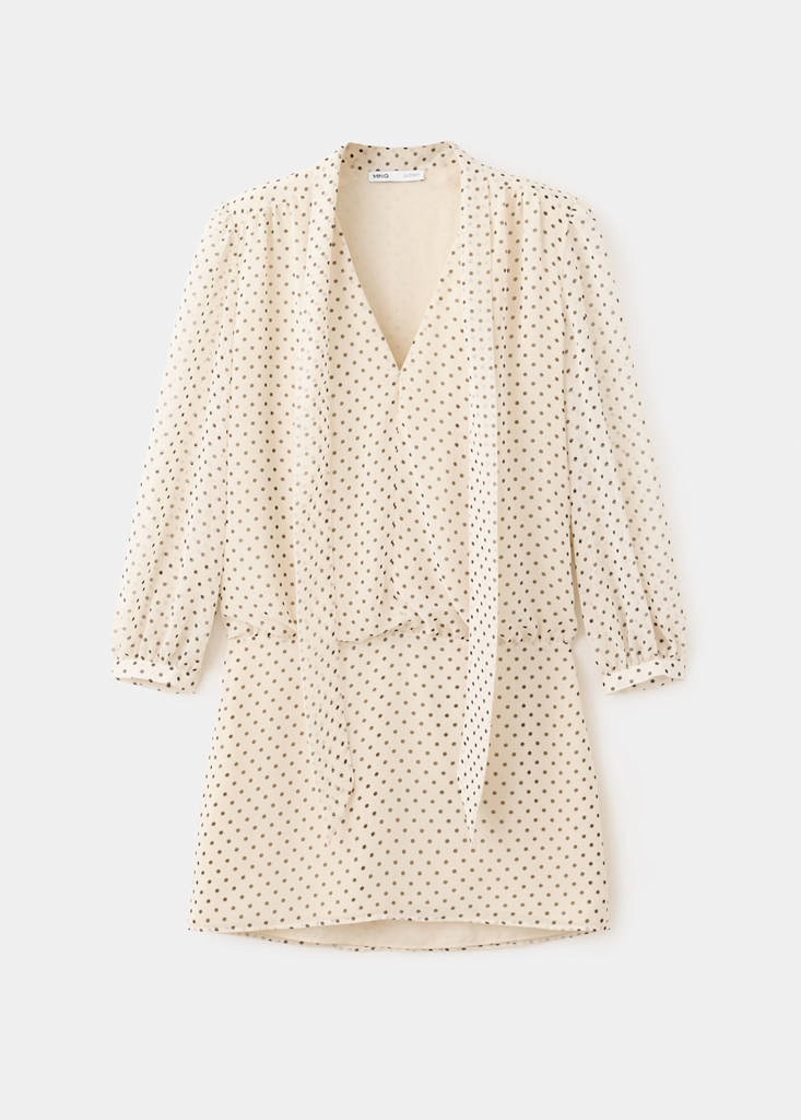 Polka dot dress with foulard detail — Ecru