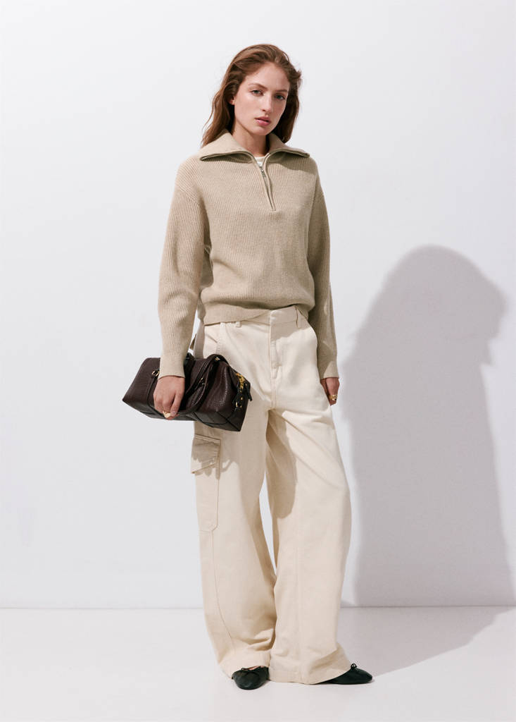 Ribbed zip-up jumper — Medium Brown