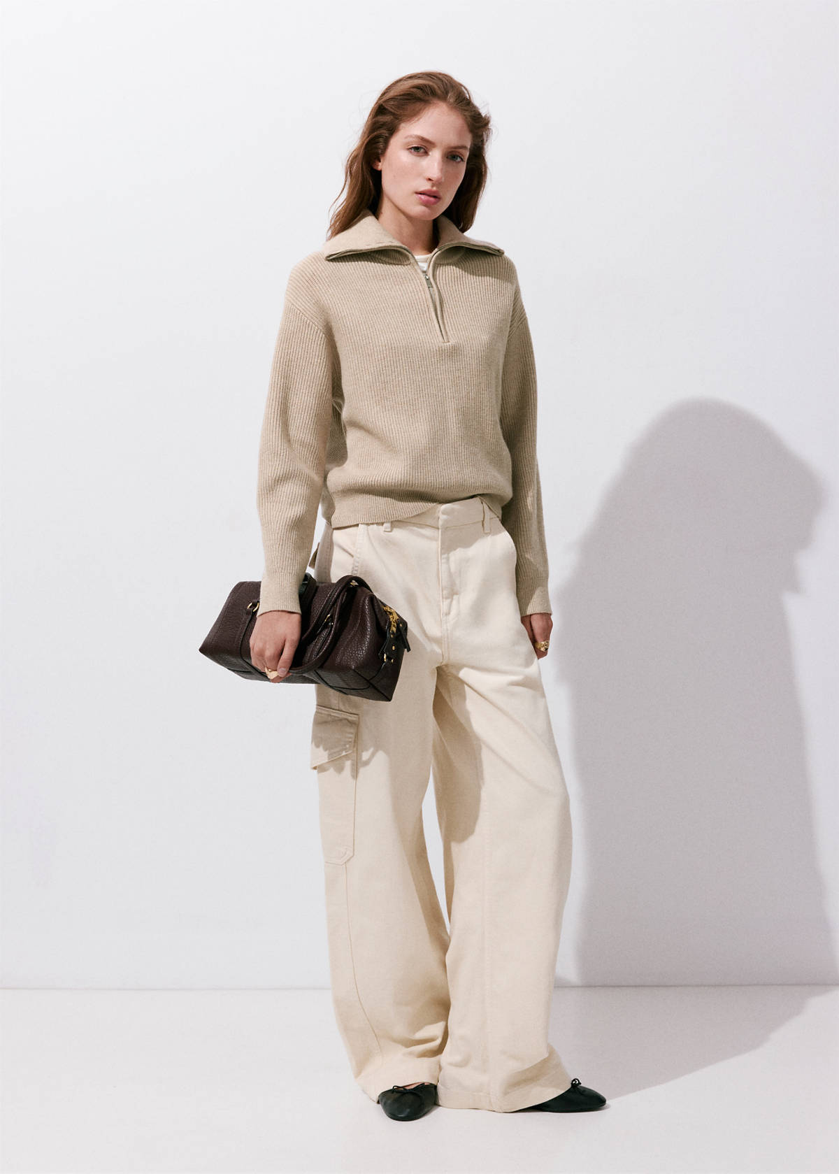 Ribbed zip-up jumper — Medium Brown