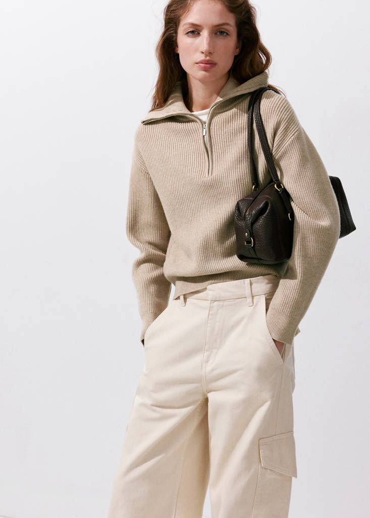 Ribbed zip-up jumper — Medium Brown