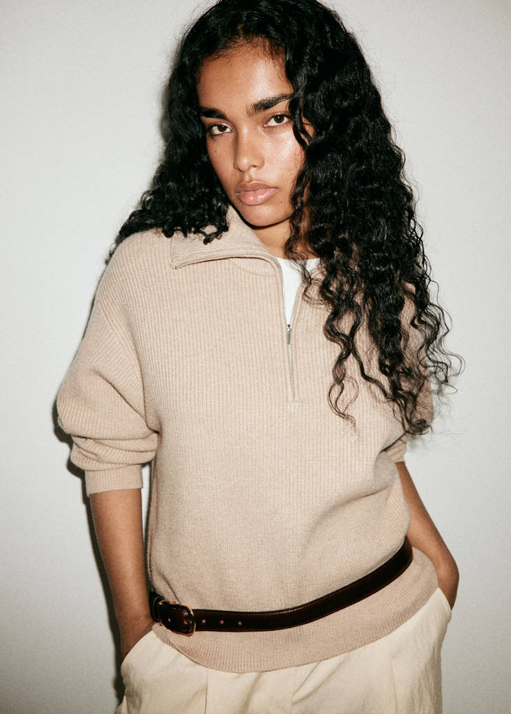 Ribbed zip-up jumper — Medium Brown
