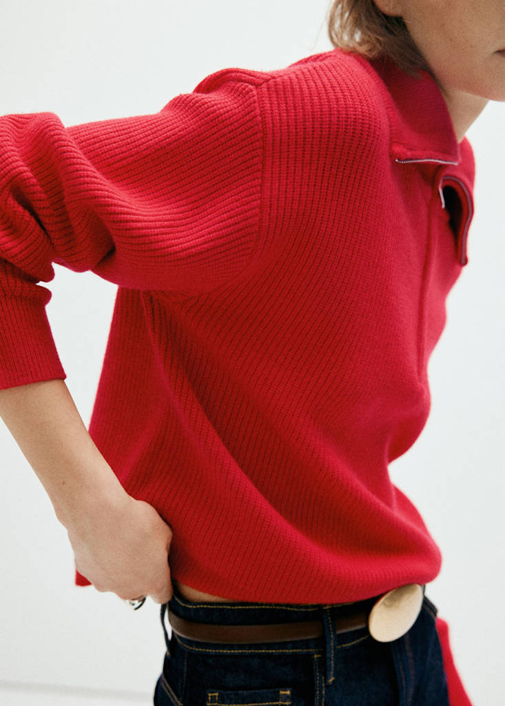 Ribbed zip-up jumper — Red