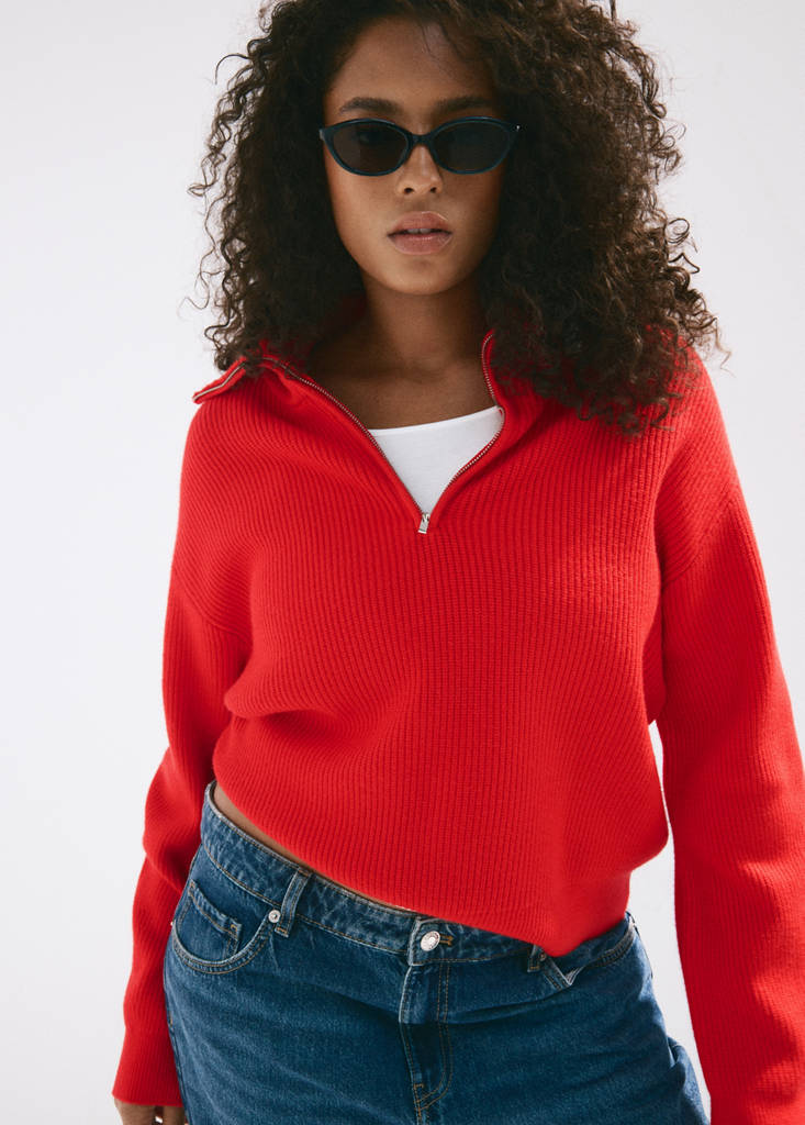 Ribbed zip-up jumper — Red