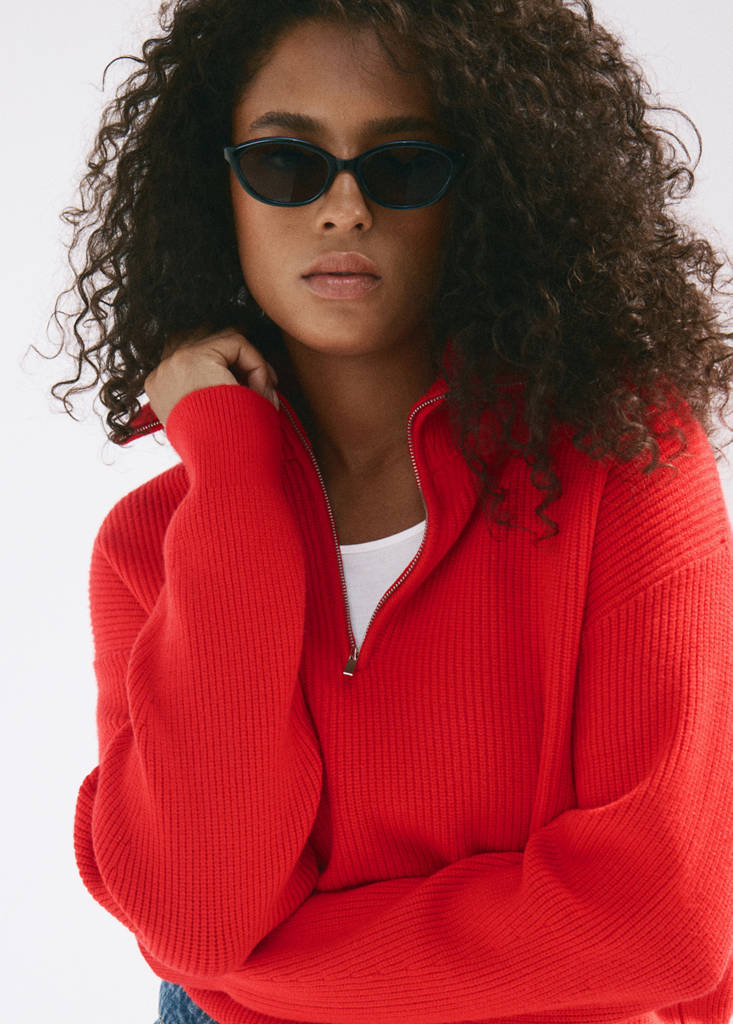 Ribbed zip-up jumper — Red
