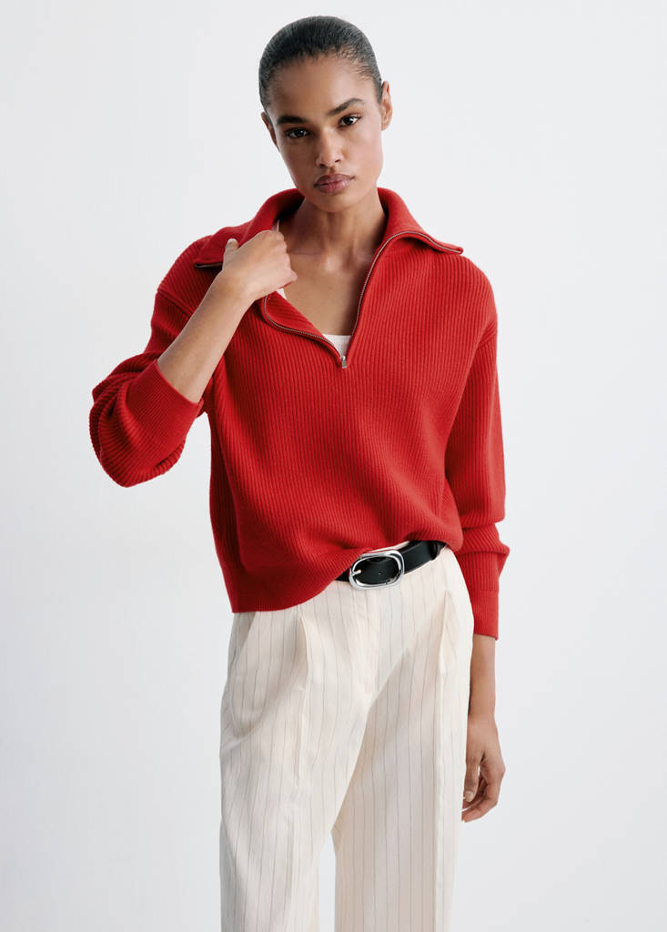 Ribbed zip-up jumper — Red