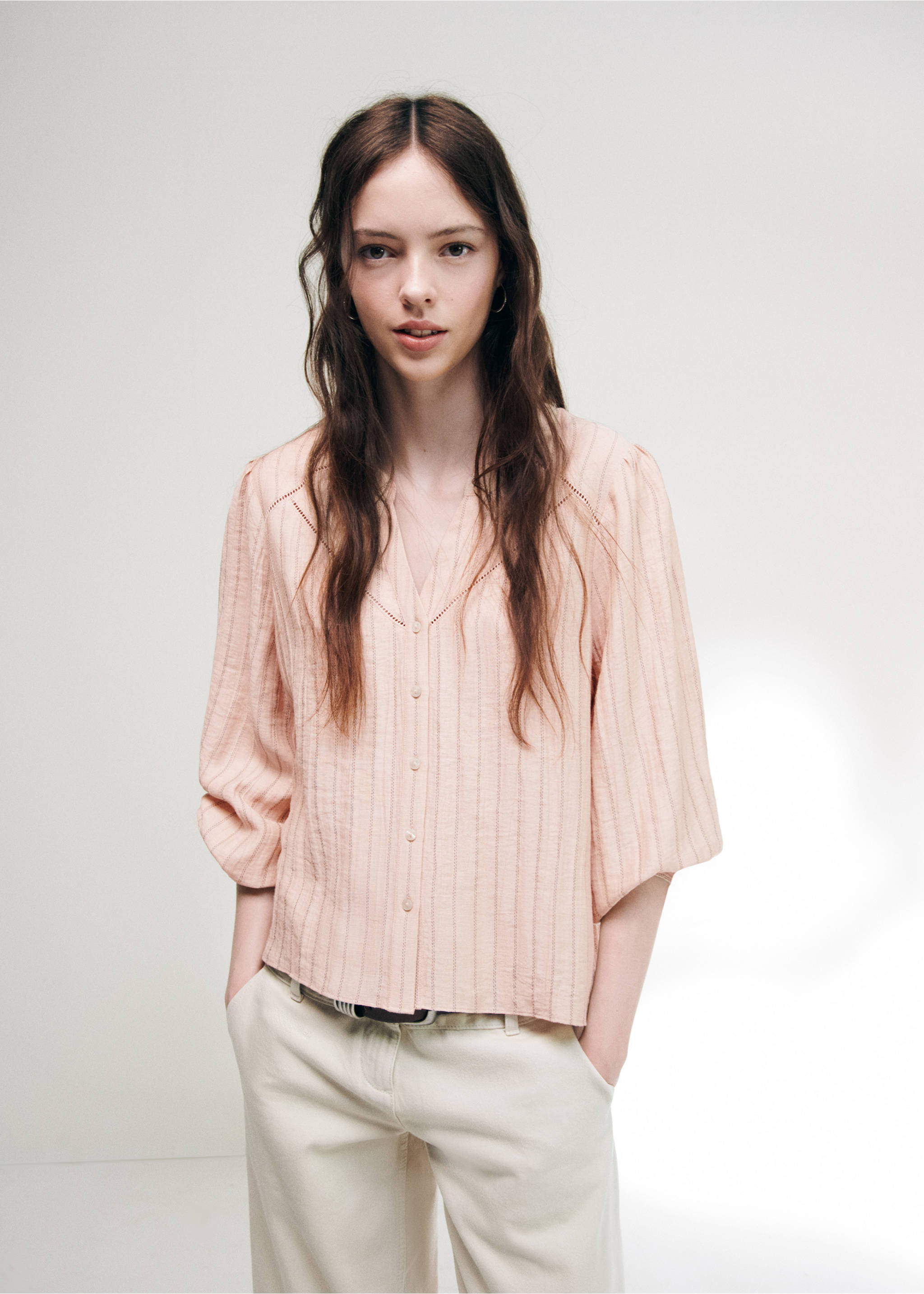 Striped blouse with cut-out details - General plane, Pastel Pink. Ref: 37064092-00.