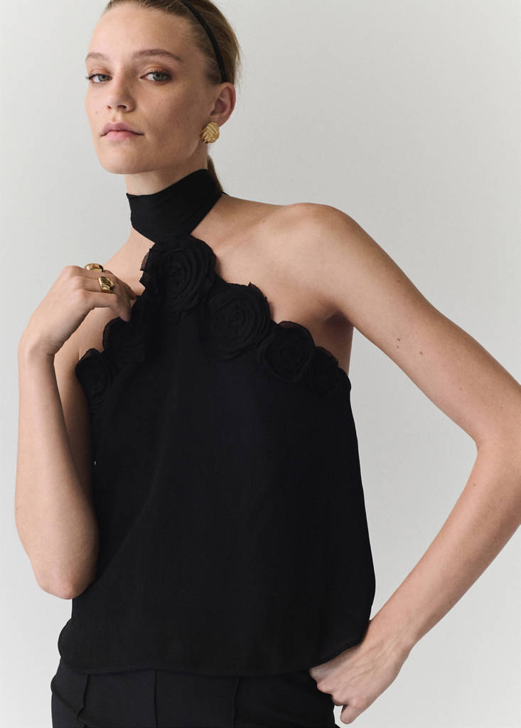 Halter top with flower detail — Black