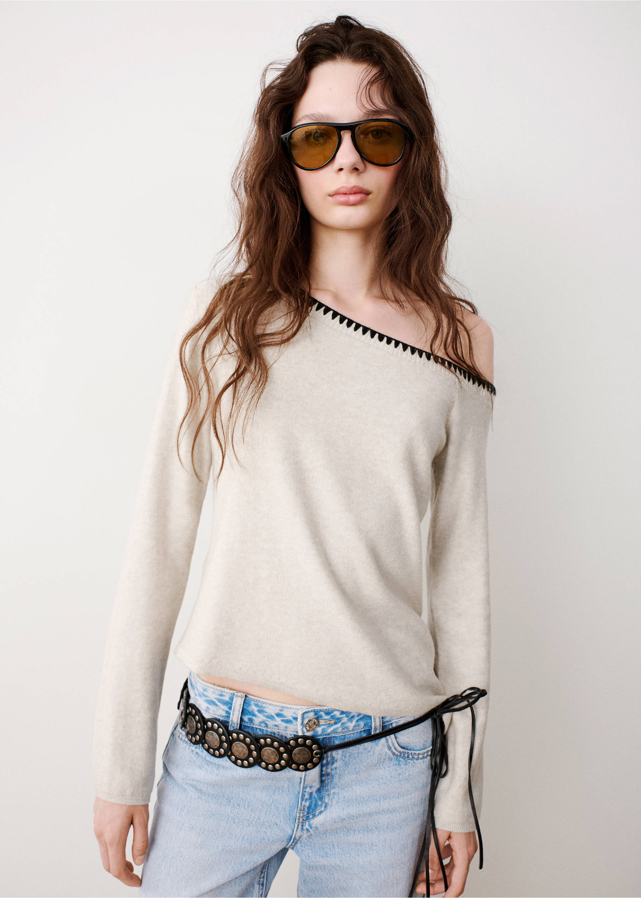 Asymmetric cotton sweater - Medium plane, Beige. Ref: 37064095-00.