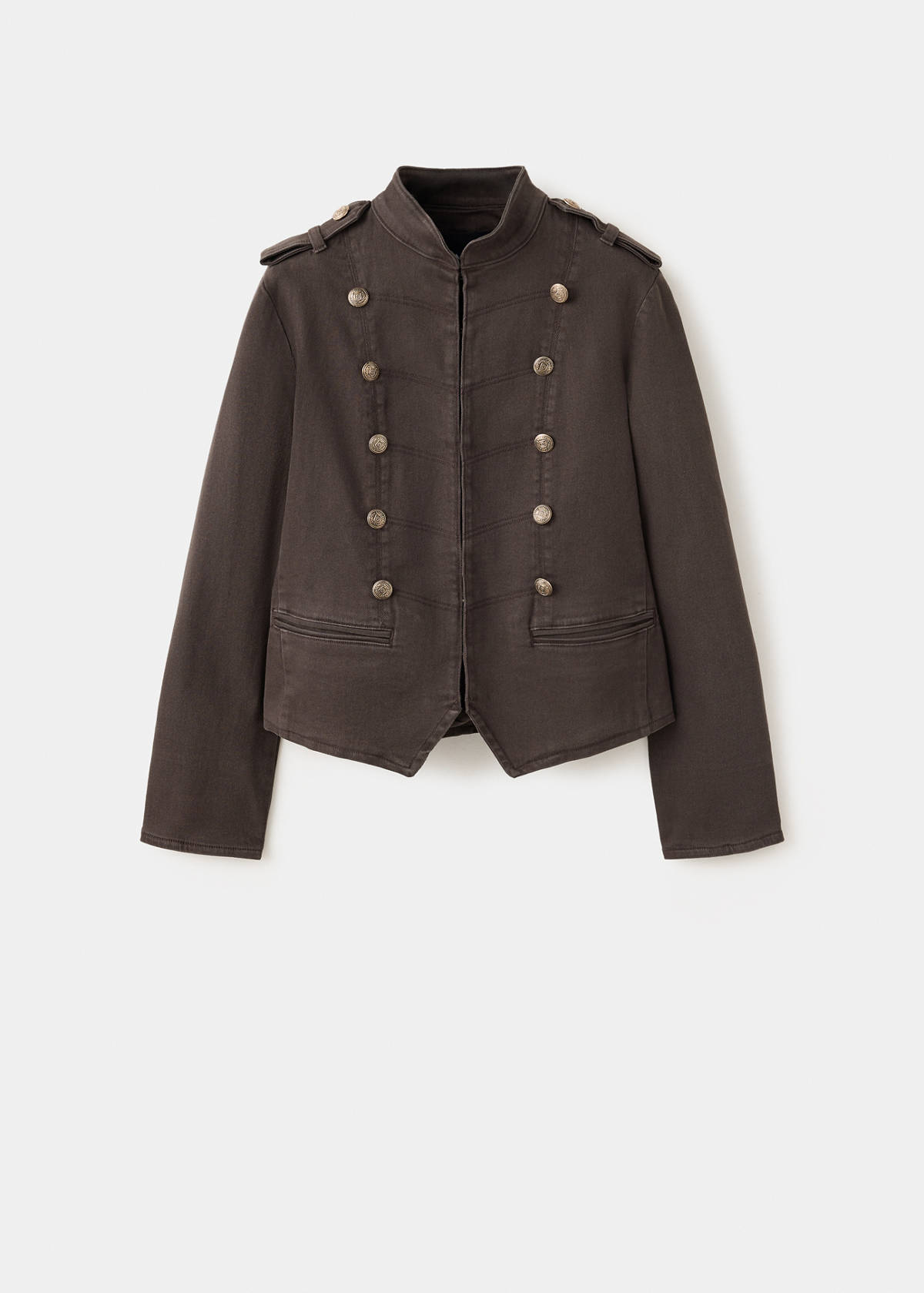 Denim jacket with band collar — Chocolate