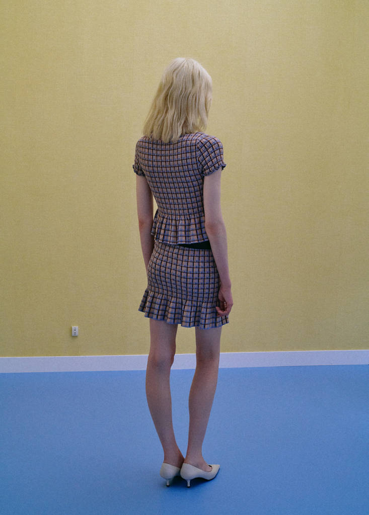 Fine knit checked skirt — White