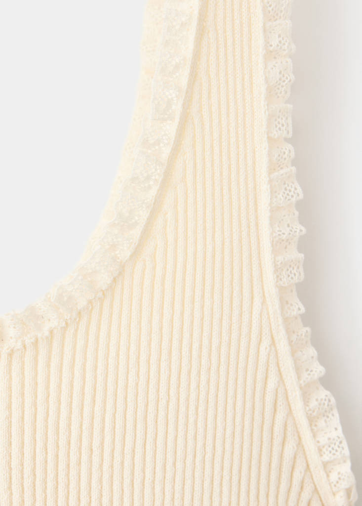 Ribbed knit top with lace details — Ecru